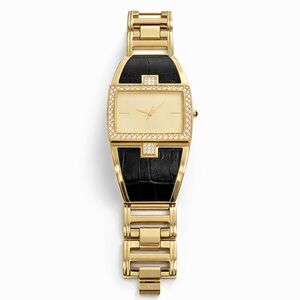 Gold Tone Crystal Bezel Rectangle Bracelet Watch Black Leather Accent Watch